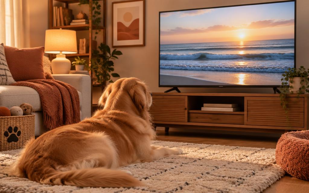 A golden retriever relaxing in front of a TV playing calm ocean waves